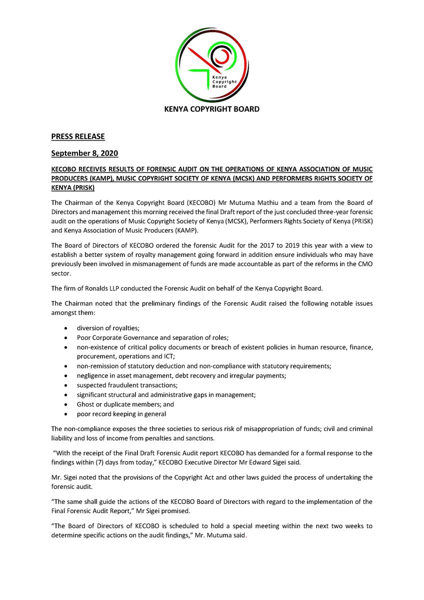 KenyaCopyright's tweet photo. The Chairman of @KenyaCopyright @mutuma_mathiu,  BOD and management led by @kiped721 received the final Draft report of the just concluded three-year forensic audit on the operations of MCSK,  PRISK and  KAMP.
Here is a press release on the report and the direction from the BOD. https://t.co/bGgz6rXWcs