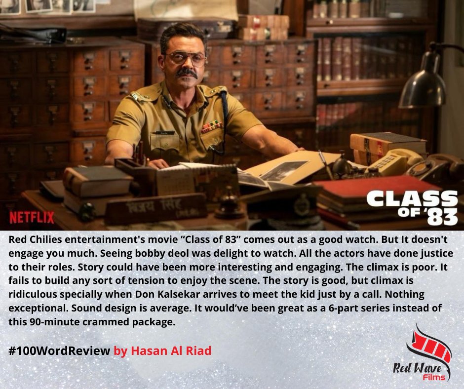 hark491's tweet image. 100 Word Review by Hasan Al Riad
Movie: Class of '83
Director: Atul Sabharwal
Trailer: youtube.com/watch?v=wlVAQM…

#100WordReview #RedWaveFilms #HasanAlRiad #MovieReview #Classof83 #Classof83Review #RiadReview