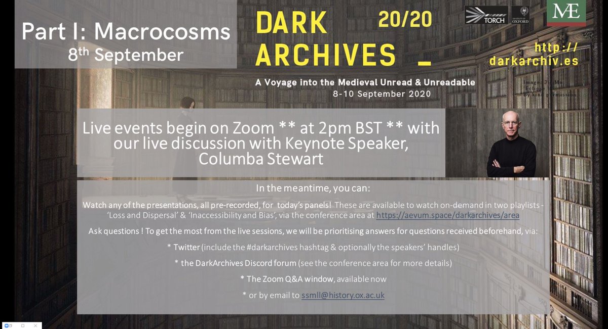 arsinquirendi's tweet photo. Welcome to #DarkArchives 2020. 

Live Events begin *at 2pm* BST via Zoom, when we talk to Keynote Speaker @ColumbaStewart  ! 
   In the meantime:
* Watch the presentations, including Columba's Keynote (all available on-demand)!
* Ask questions (twitter, zoom, email, or discord)! https://t.co/g7GXNS4QaX