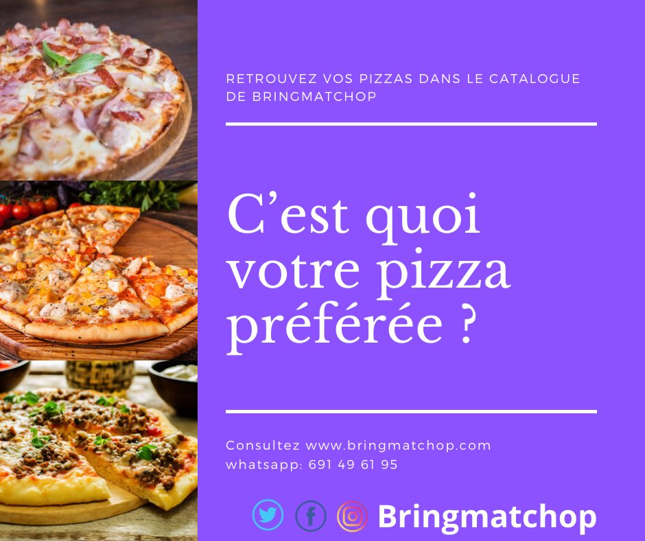 Bringmatchop_CM's tweet photo. Bonjour les tchopeurs😊. Aujourd'hui nous allons parler de pizza, cette célèbre recette de cuisine traditionnelle italienne. 🍕
Quelle est votre pizza préférée ?👇🏾
#Bringmatchop
#DeliveryFood https://t.co/QPSAAfbeRT