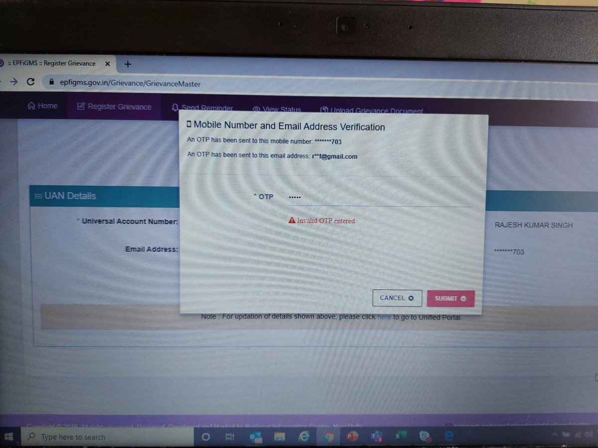 rajeshhimself's tweet photo. @socialepfo @epfobandra @epfopune1 unable 2 raise grivience since portal gives error on entering correct OTP too - here is screenshot. How 2 proceed? https://t.co/RHtkfaI9WQ