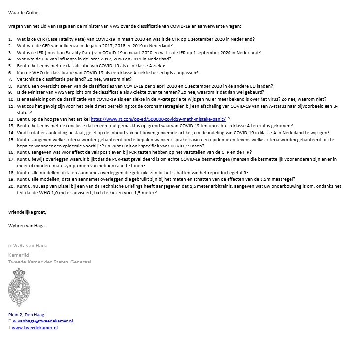 Het is vreemd dat #COVID19 nog steeds de A-status heeft. De gevolgen van deze classificatie zijn desastreus voor het sociale, culturele en economische leven in ons land. Daarom zojuist onderstaande Kamervragen gesteld! #FVD <a href="/thierrybaudet/">Thierry Baudet</a> <a href="/fritsander/">Fritsander Lahr</a> @mrSamvanderPol