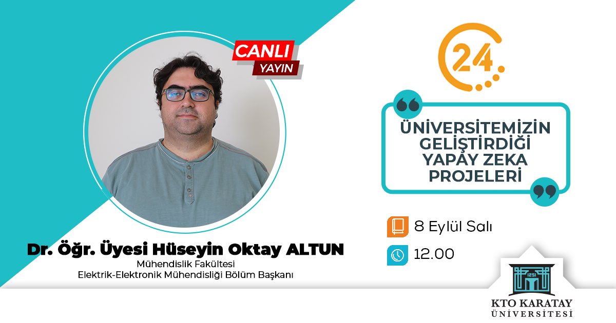 ktokaratay's tweet photo. Elektrik-Elektronik Mühendisliği Bölüm Başkanımız Dr. Öğr. Üyesi Hüseyin Oktay Altun “Yapay Zeka Çalışmaları” konusunu, @havelsan Eğitim ve Simülasyon Tek. Gen. Müd. Yrd. Muhittin Solmaz ile @yirmidorttv ekranlarında değerlendiriyor. 📺

🗓 08.09.2020
⏰ 12.00
📺 Kanal 24 https://t.co/wgBzvkhsTC