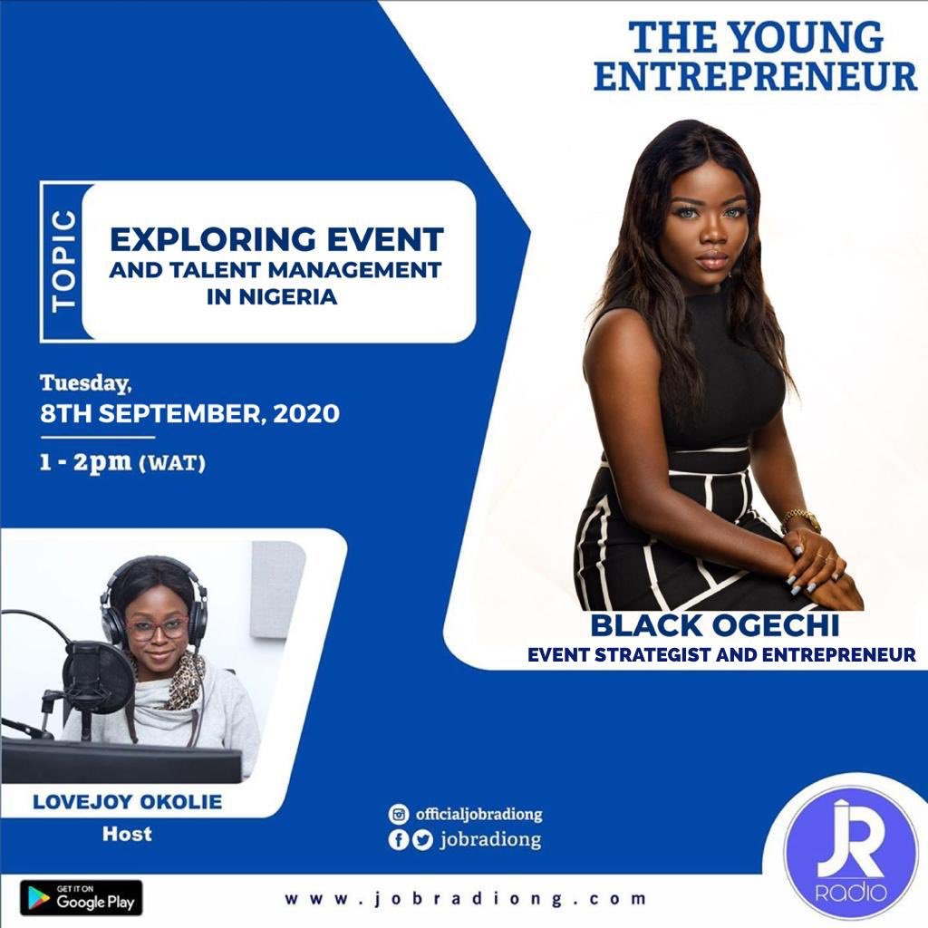 jobradiong's tweet photo. #stilltocome #youngentrepreneur with @lovejoy_og 
Our guest today @blackogechi is an event strategist and manager, she’s also a serial entrepreneur and has created a niche for herself in the event planning industry, Join is as we explore  event and talent management in Nigeria. https://t.co/KaCEBcRyN3