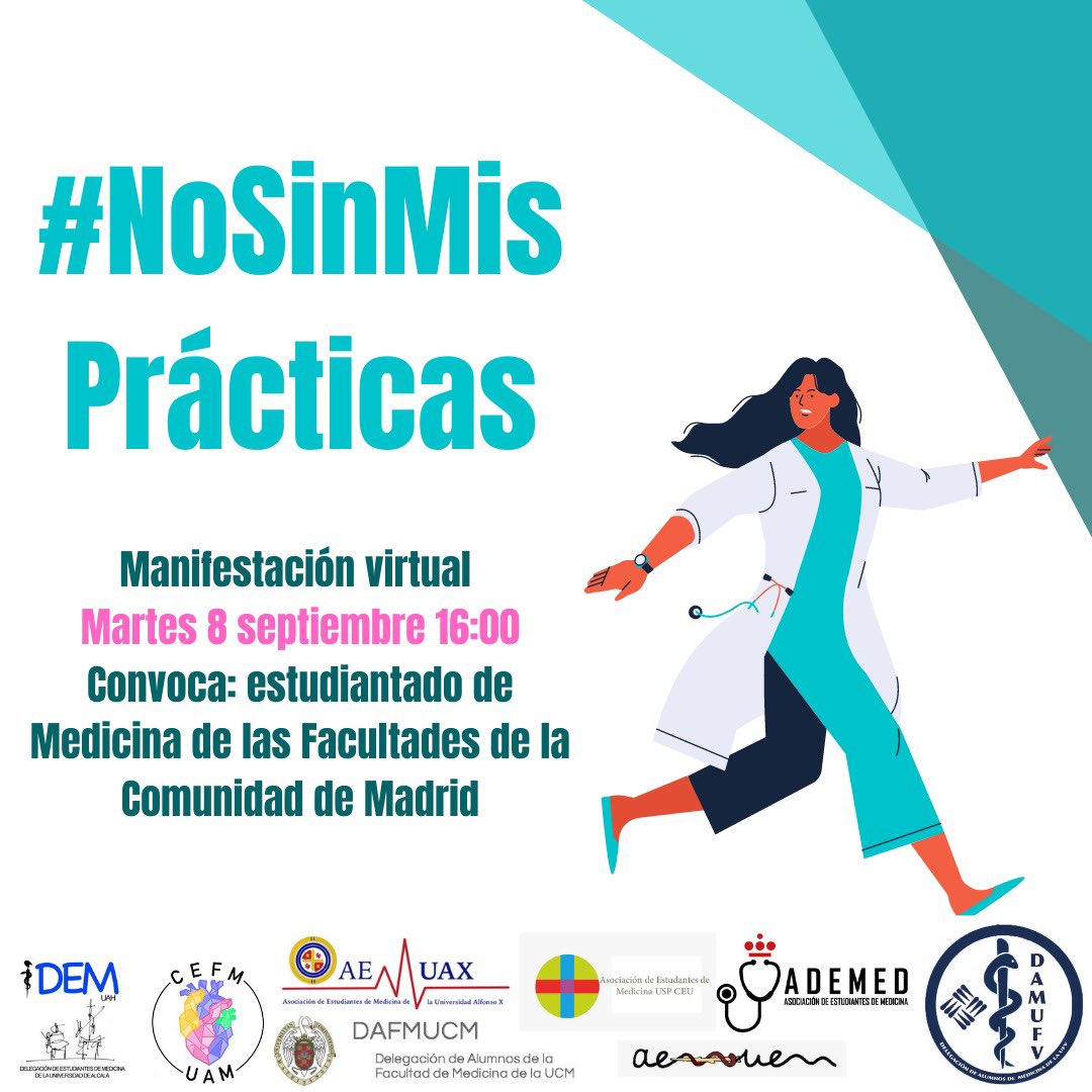 ceem_medicina's tweet photo. Manifestación Virtual🔴
Desde el CEEM apoyamos a nuestr@s compañer@s de la Comunidad de Madrid ante el retraso indefinido de sus prácticas clínicas❗️
🔹 Hoy
🔹16 : 00

¡Difúndelo!

 Utiliza #NoSinMisPracticas (+) da https://t.co/AQpWqCqoaD