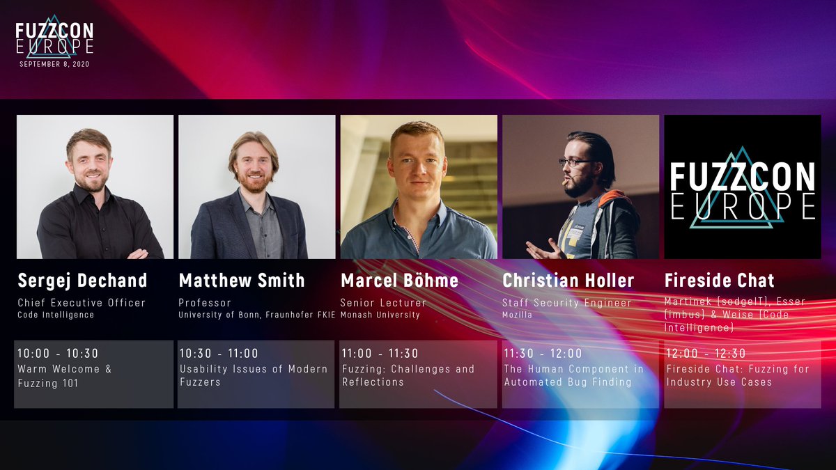 CI_Fuzz's tweet image. #FuzzConEurope2020 begins now! We start the day with @serj_de, @m42smith, @mboehme_ and @mozdeco. This will be followed by a Fireside Chat with Götz Martinek, Tobias Esser and Alexander Weise. #fuzzyoursoftware #fuzzing #onlineevent #softwaretesting #applicationsecurity