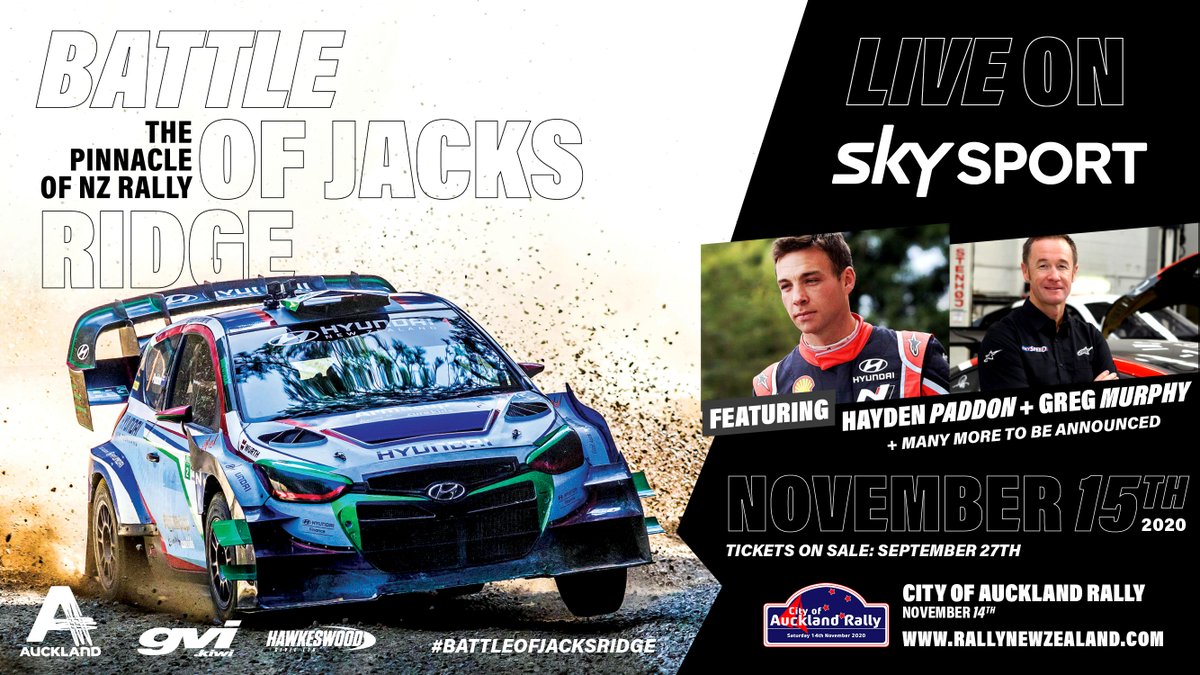 RallyNewZealand's tweet photo. GREAT NEWS - Sky Sport will provide exclusive live coverage of the Battle of Jacks Ridge rally sprint on Sunday November 15.

Pre-register for tickets here: https://t.co/daeTNRgpwE

Read more here: https://t.co/LDyuHlQHwS

#Auckland #VisitAuckland #BattleOfJacksRidge #BOJR https://t.co/xNvmGnSJZA