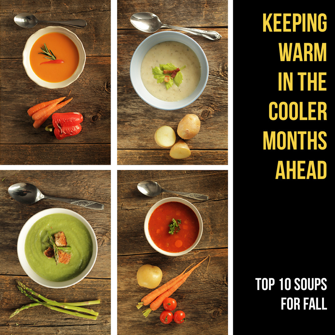 1. Kale &amp; White Bean 
2. Carrot-Coconut 
3. French Onion 
4. Split Pea 
5. White Bean Chili w/Autumn Veggies
6. Butternut Squash 
7. Roasted Parsnip Pureed with Walnut Pesto
8. New England Clam Chowder
9. Italian Vegetables
10. Beer and Cheddar Soup w/Sausage
#FallFood #FallMenu