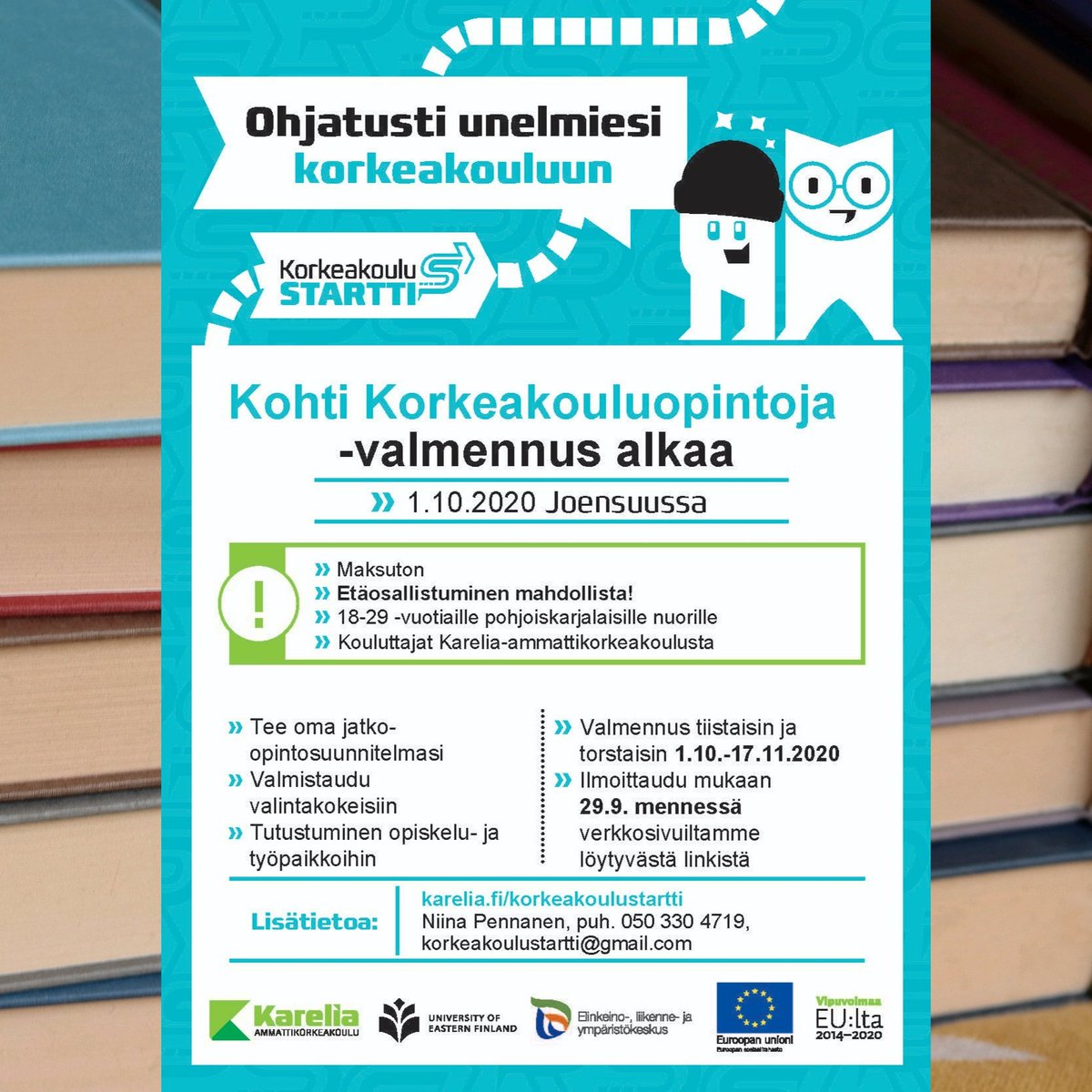 KKStartti's tweet photo. Hei sinä pohjoiskarjalainen nuori! Mietitkö suuntaasi korkeakouluopintojen ja urapolkusi suhteen? Lähde mukaan Kohti Korkeakouluopintoja -valmennukseen💡 Ilmoittaudu mukaan 29.9. mennessä: https://t.co/Ml0ASiizL8
#korkeakoulustartti
#ohjaus
#opiskelu
#korkeakoulu 
#kareliauas https://t.co/GnapCFj58F
