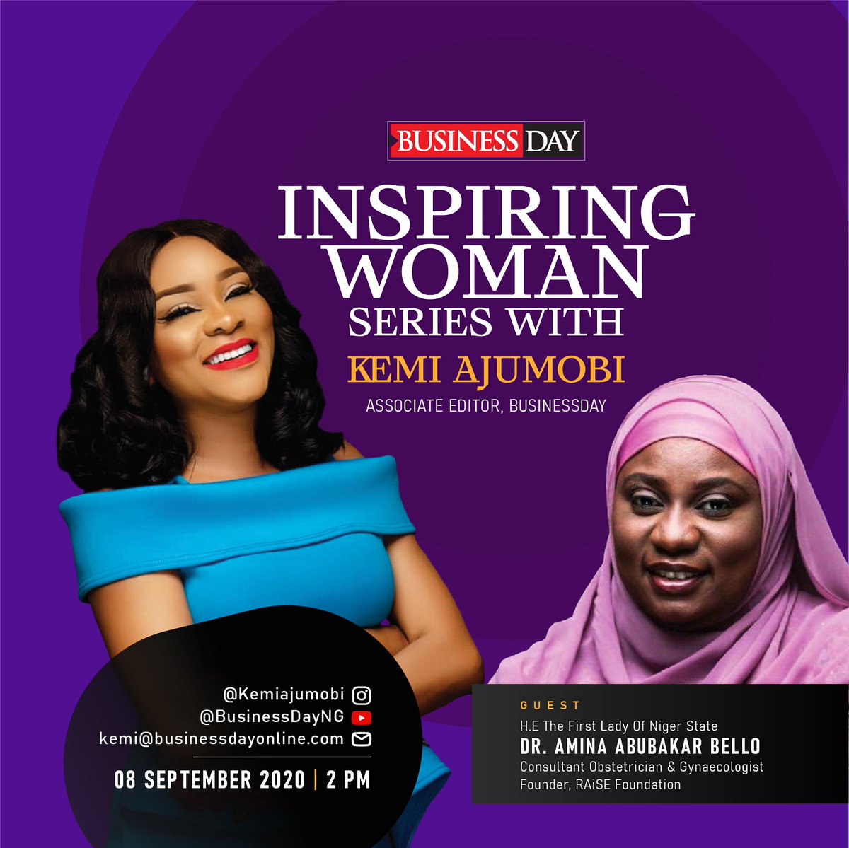 kemi_ajumobi's tweet photo. See you today on my Instagram page @Kemiajumobi by 2pm as I speak with the First Lady Of Niger state, H.E Dr Amina Abubakar Bello #InspiringwomanserieswithKemiAjumobi 
#Girlchildeducation #Nigerstate
#vvf #cancerawareness #RAISEfoundation  @BusinessDayNg https://t.co/5gNdhyGysf