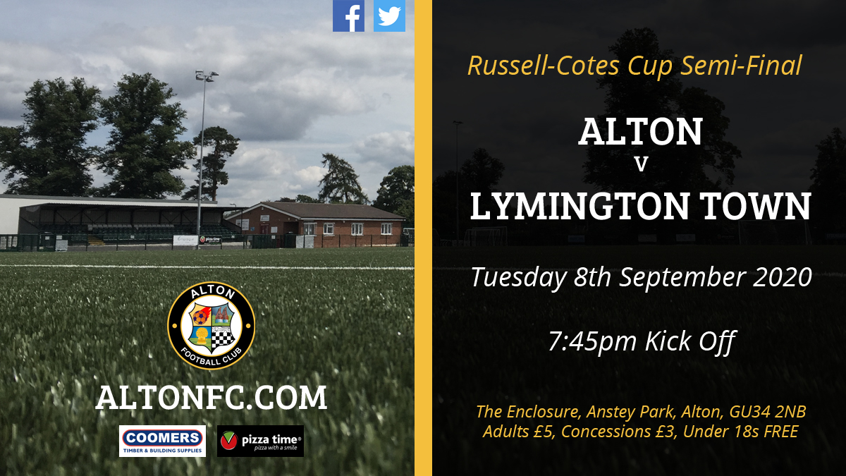 alton_fc's tweet photo. 🚨 Cup Semi-Final Tonight 🚨

Alton vs @lymingtontownfc.

@HampshireFA Russell-Cotes Cup Semi-Final.

Come and support Alton tonight at the Enclosure!
7:45 Kick off.

@Coomersltd @weyvalleyradio @AltonHampshire https://t.co/de9D5yYGqo