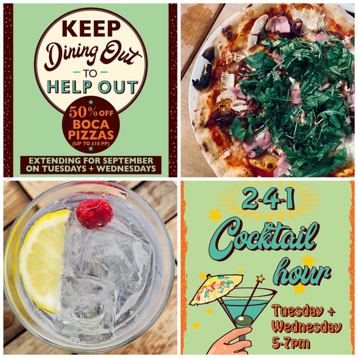 BocaBarBristol's tweet photo. It’s Tuesday which means our keep dining out scheme is on. 50% off pizza. And 2-4-1 cocktails between 5-7pm. Available at both Bocabar @paintworks_ and @FinzelsReach 
Book your table on our website. Join us for dinner.
#bocabar #keepdiningout #cocktailhour #bristoltogether https://t.co/nhn12P77Zj