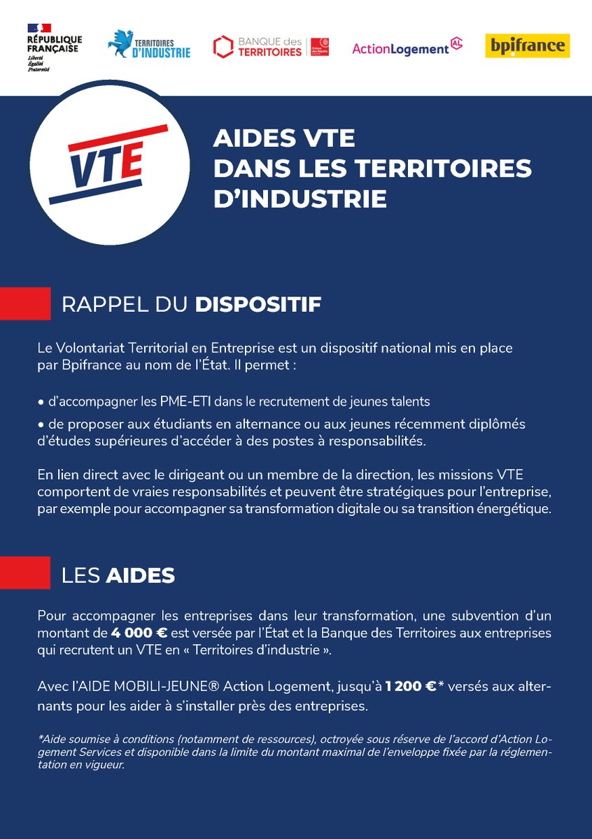 CCHauteComte's tweet photo. Notre territoire, qui se trouve entièrement en Territoire d'industrie, est éligible à un nouveau dispositif national : le VTE.
PME, jeunes diplômés, étudiants en alternance, toutes les infos sur notre site ⤵️
https://t.co/nPiWH19D37 https://t.co/fYJtNvDqR3