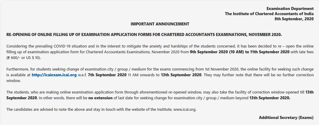 Re-Opening of Online Filling up of Examination Application Forms for Chartered Accountants Examinations, November 2020.
For more details please visit
icai.org/post/re-openin…
<a href="/atulguptagst/">Atul Gupta</a> <a href="/JambusariaNihar/">CA Nihar Jambusaria</a>