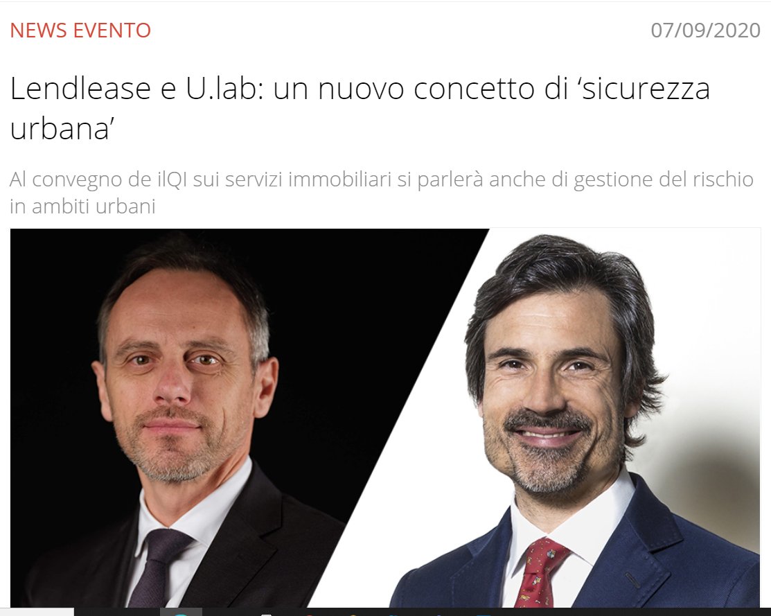 UnitedSpA1's tweet photo. #Lendlease e #Ulab: un nuovo concetto di "sicurezza urbana". Al convegno del #QuotidianoImmobiliare sui servizi #immobiliari si parlerà anche di #gestione del #rischio in ambiti #urbani. L'appuntamento è per mercoledì 9 settembre.

#GruppoUnited https://t.co/rwOUJm0mjb