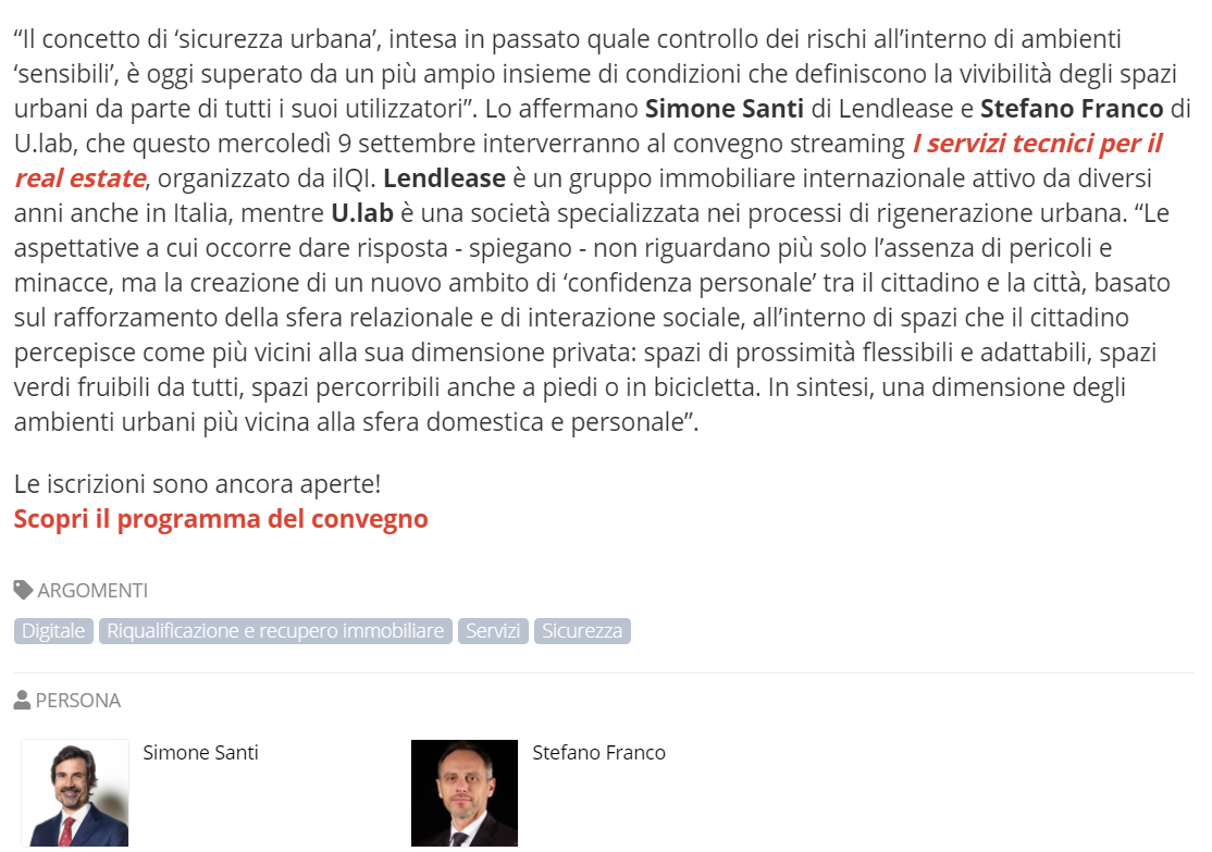 UnitedSpA1's tweet photo. #Lendlease e #Ulab: un nuovo concetto di "sicurezza urbana". Al convegno del #QuotidianoImmobiliare sui servizi #immobiliari si parlerà anche di #gestione del #rischio in ambiti #urbani. L'appuntamento è per mercoledì 9 settembre.

#GruppoUnited https://t.co/rwOUJm0mjb