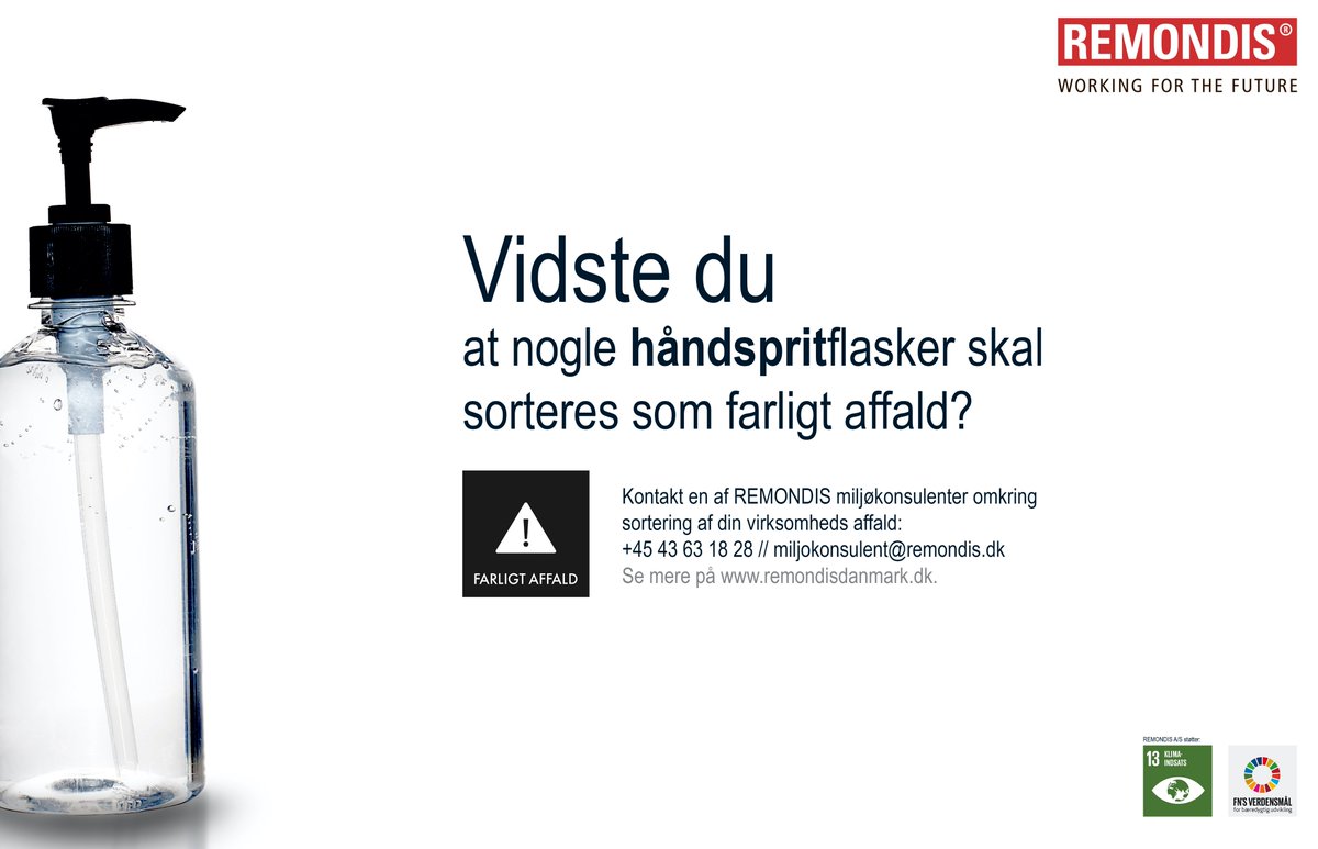 RemondisD's tweet photo. Vidste du at nogle håndspritflasker skal sorteres som farligt affald?

Læs mere om hvorfor de skal sorteres som farligt affald, og hvorfor du ikke må skylle flaskerne selv:
https://t.co/P9ZncZtvzH

Skriv til miljokonsulent@remondis.dk for at høre mere.
#affald #klima https://t.co/PMAgnoswnx