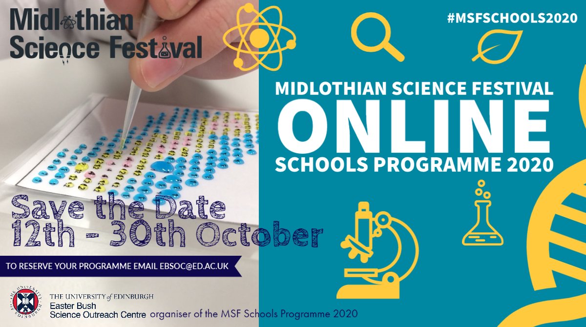 EBSOClab's tweet image. We will be organising a @MidlothSciFest Online Schools Programme for @midgov schools this October. We have an exciting programme lined up covering a diverse range of STEM topics! #MSFschools2020 
To find out more click ➡️ edin.ac/3jRtdKU
@LoanheadPS @MayfieldPS