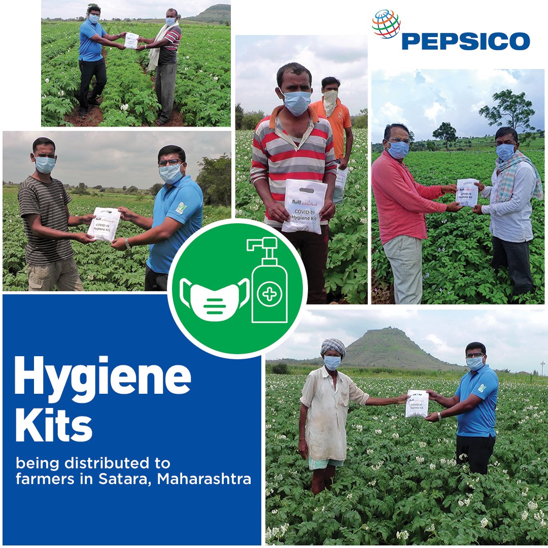 PepsiCoIndia's tweet photo. To thank farmers for their #hardwork during the pandemic, PepsiCo India is organizing awareness programs focused on hygiene in Satara, Maharashtra. As part of the program, Hygiene kits (masks and sanitizers) are also being distributed to farmers. #IndiaFightsCorona https://t.co/Vt1PcfU9hn
