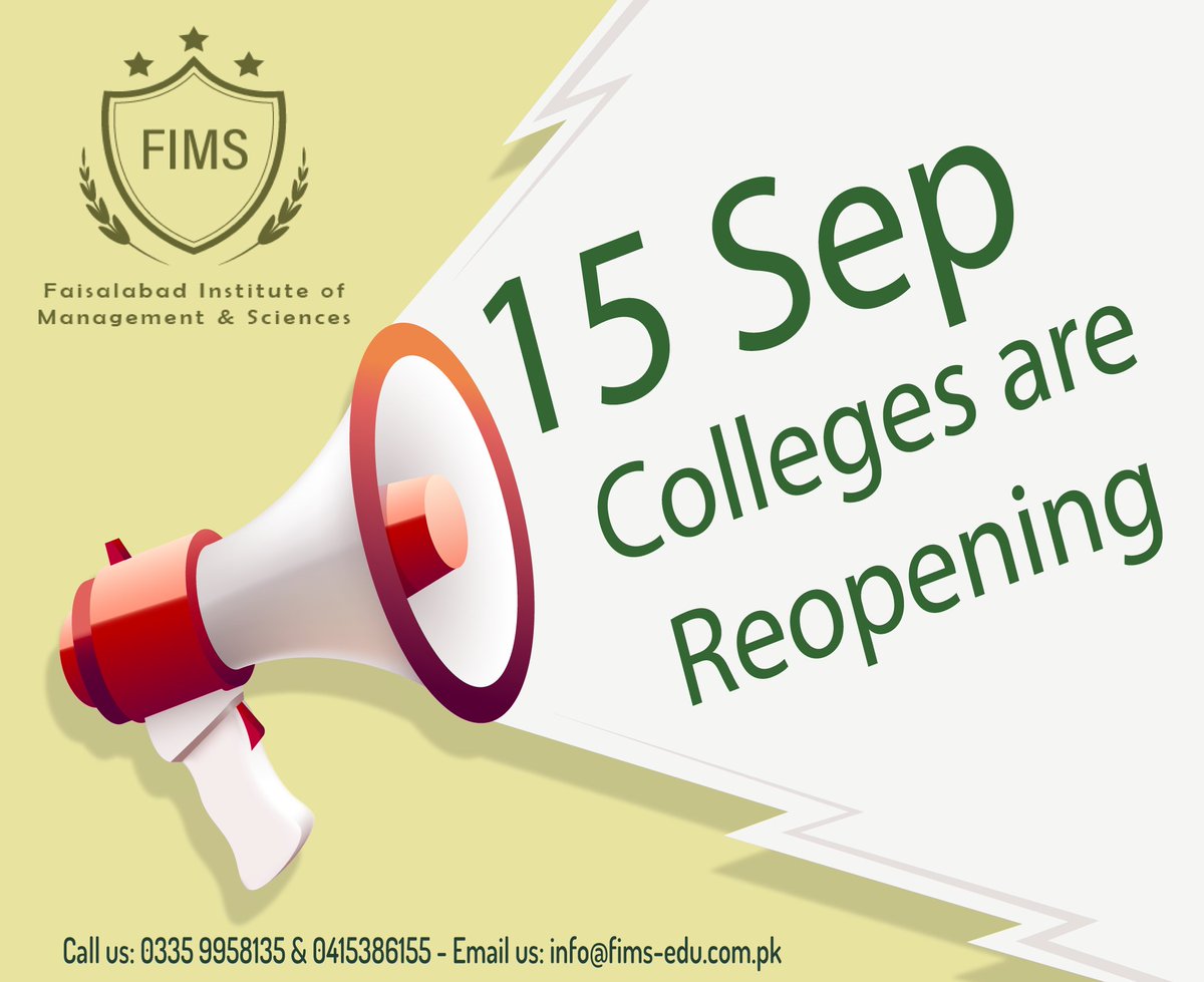 FIMS07633147's tweet photo. Study is about to start from 15 Sep
.
.
.
#FIMS #College #Study #Career #Education #FaisalAbad #Reopen
#Students #DPT  #BSCS #BSIT #BSMLT #BS #BIOCHEMISTRY #CovidFree
#Admissions #AdmissionsOpen #BBA #AppliedChemistry #BSOTT
#BSRIT #HNDNutrition #GCUF #GCUniversity https://t.co/ECSSWVq1oe