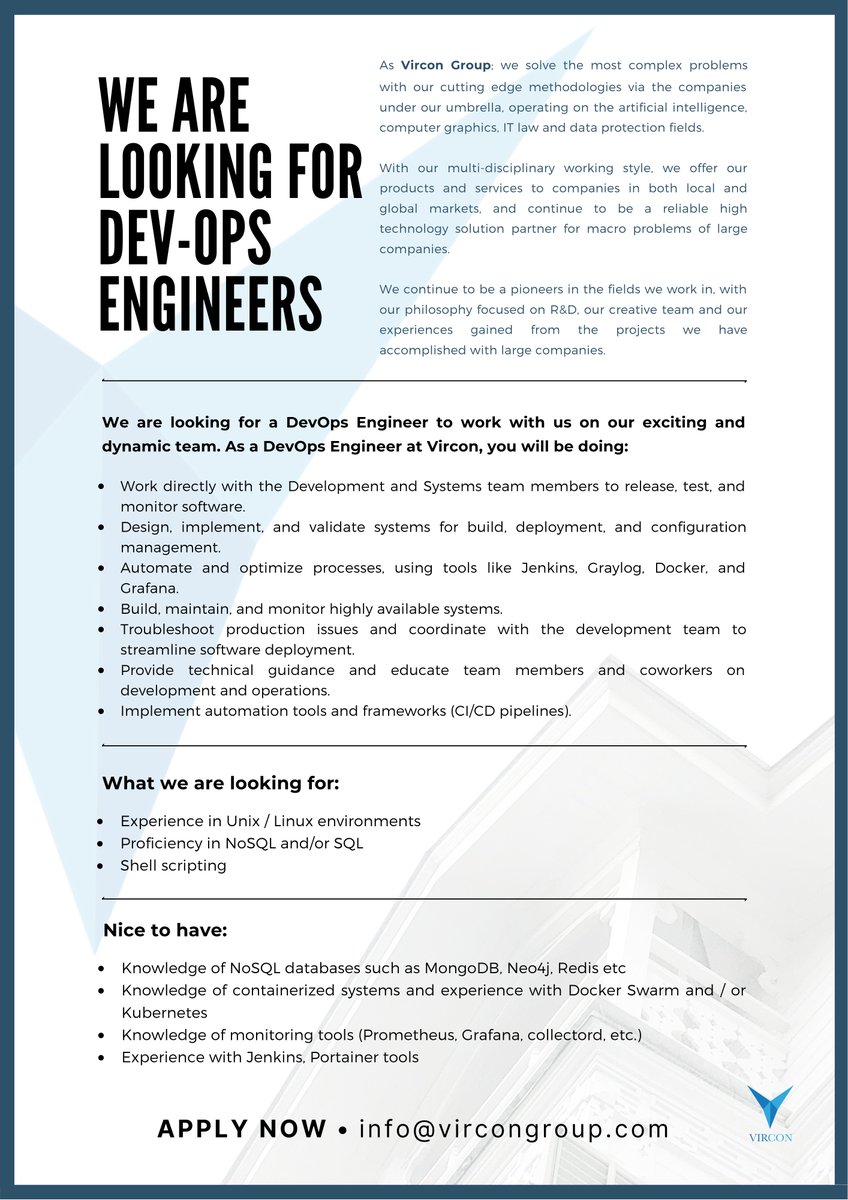 Türkiye ve Amerika operasyonlarımızın genişlemesiyle birlikte ekibimize katılacak DevOps mühendislerini arıyoruz.

Ayrıntılı bilgi için ilanı okuyabilir, başvurmak için info(at)vircongroup.com adresine CV'nizi ve diğer dökümanlarınızı gönderebilirsiniz.