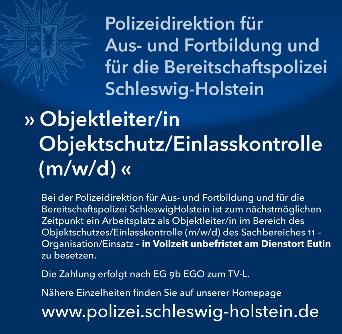SH_Polizei's tweet photo. Verantwortung übernehmen? Beim #Landespolizeiamt #SH in #Kiel und bei der #PDAFB in #Eutin sind zum nächstmöglichen Zeitpunkt jeweils ein Arbeitsplatz als #Teamleiter sowie als #Objektleiter zu besetzen. Mehr Infos gibt es in den Grafiken und unter https://t.co/T1oUmekp0I. https://t.co/oAAZcWOMqZ