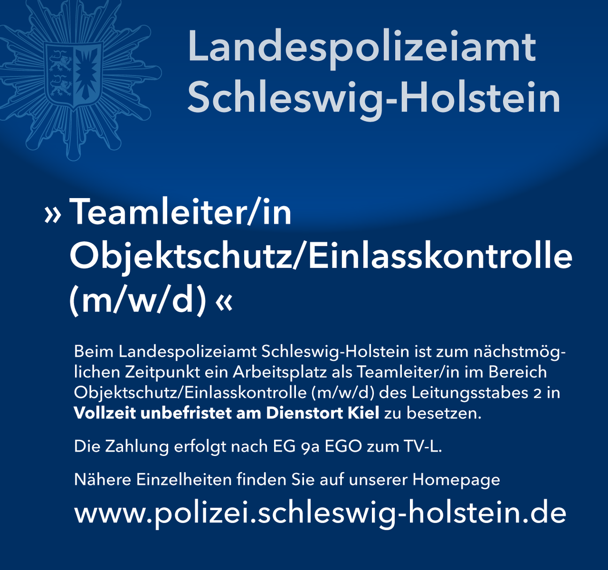 SH_Polizei's tweet photo. Verantwortung übernehmen? Beim #Landespolizeiamt #SH in #Kiel und bei der #PDAFB in #Eutin sind zum nächstmöglichen Zeitpunkt jeweils ein Arbeitsplatz als #Teamleiter sowie als #Objektleiter zu besetzen. Mehr Infos gibt es in den Grafiken und unter https://t.co/T1oUmekp0I. https://t.co/oAAZcWOMqZ