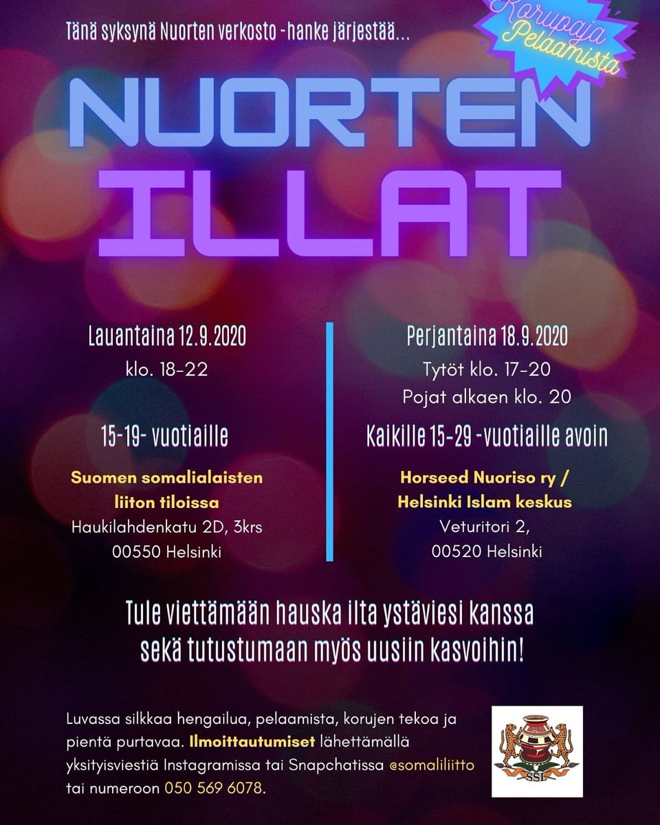 SomaliliittoR's tweet photo. Tervetuloa Nuorten-iltoihin! 🎉
#nuortenverkosto #steatukee #helsinkiislamcenter https://t.co/FPGeAbZeCF