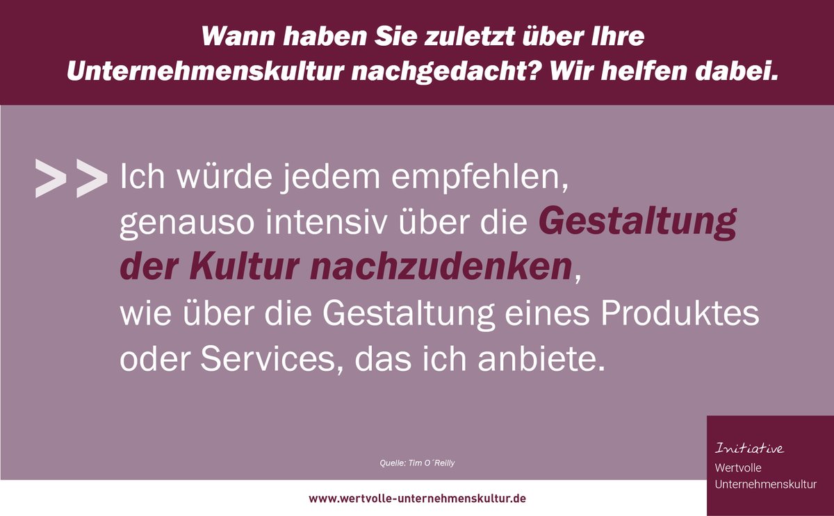 Wann haben Sie zuletzt über Ihre #Unternehmenskultur nachgedacht?

#unternehmenskultur #kultur #kulturwandel #digitalkultur #wertkultur #risikokultur #nachhaltigkeit #wertvolleunternehmenskultur