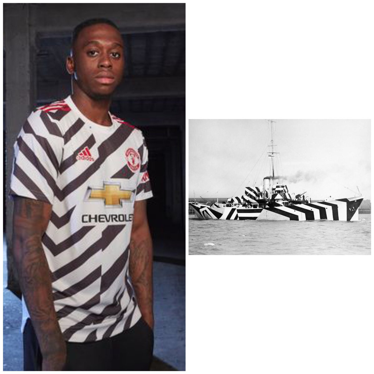 AndyFeehan's tweet photo. Great to see the new Man Utd third kit taking design cues from WW2 battleship camouflage @p_d_81 (hope it’s a bit more visible than that grey one from 95/96!) 😂 https://t.co/fDU8nR76Tx