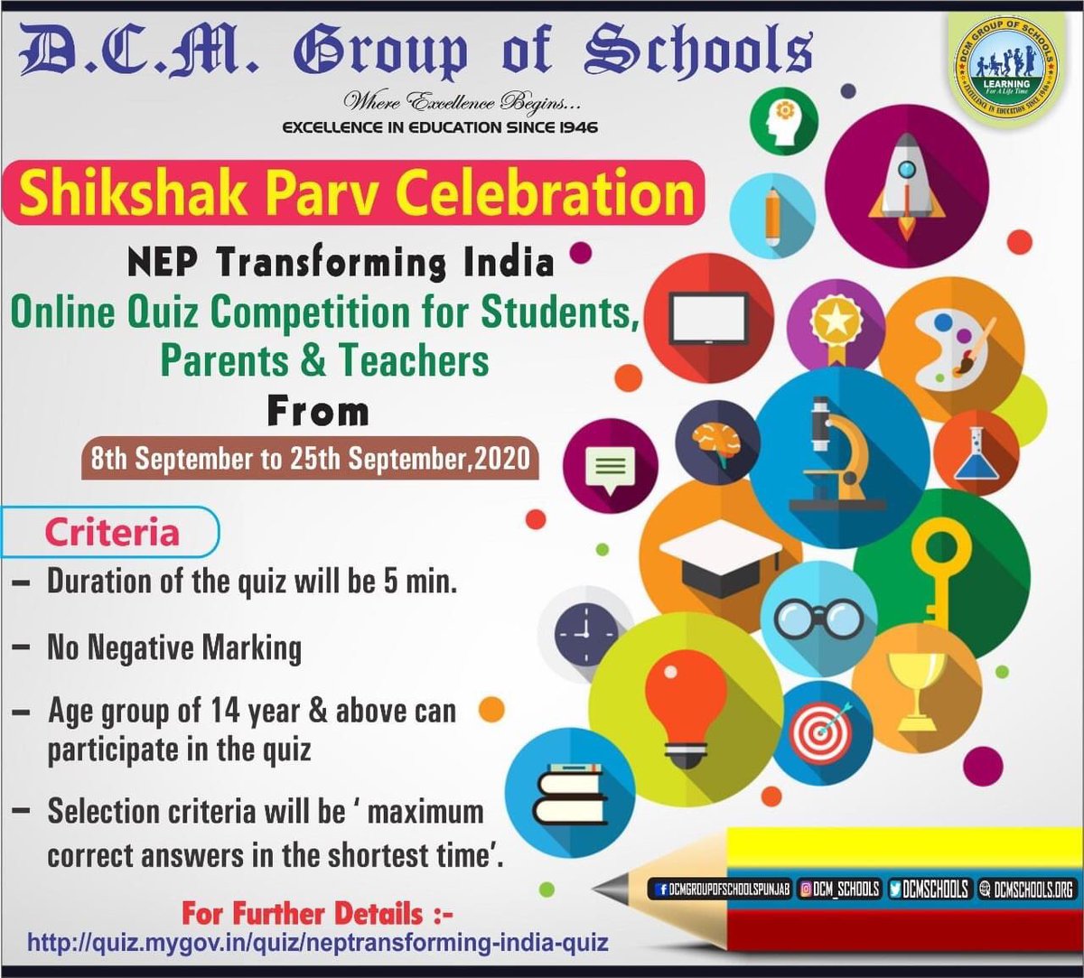Ministry of Education,Government of India is organising ONLINE QUIZ COMPETITION on NATIONAL EDUCATION POLICY 2020 for students, parents &amp; teachers from 8th September to 25th September, 2020.

For more details, click the following link :
quiz.mygov.in/quiz/neptransf…
