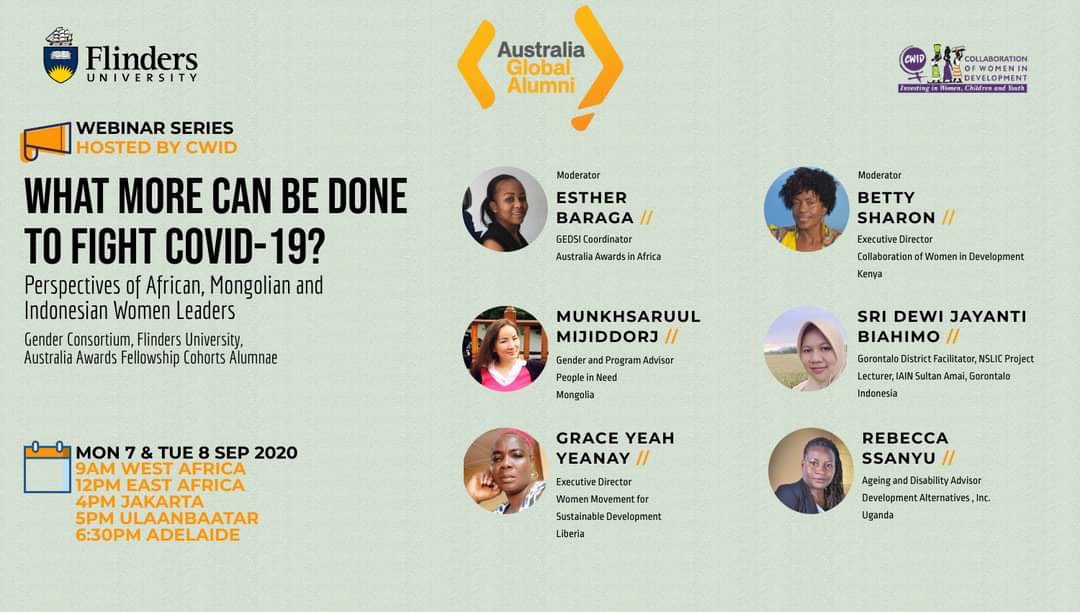 doris_ojiambo's tweet photo. @Cwid4Cwid, Australian Global Alumnus in conjunction with Flinders University-Gender Consortium Department invites you to a zoom meeting on in-depth discussions on what more can be done to fight COVID19 at 12PM-2PM
#WomensVoices
#WomensUnite
#CWIDGender
@GCFlinders @AkamranLucy https://t.co/2dgkgfvyrk