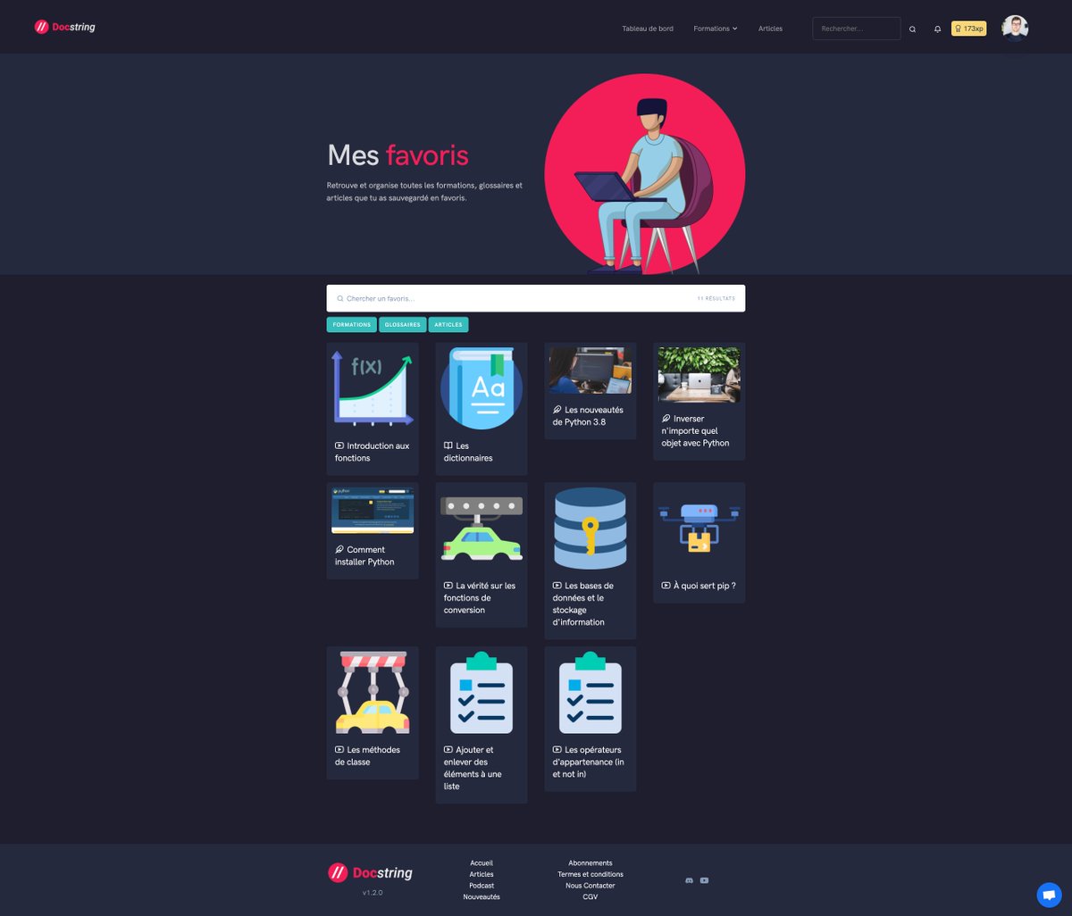 ThibaultHoudon's tweet image. Sur #Docstring 2.0, vous retrouverez des petites étoiles comme ici un peu partout sur le site 🌟
En cliquant sur l'étoile, vous pourrez ajouter une vidéo, un article ou encore un glossaire en favoris.
Vous pourrez par la suite retrouver tous vos favoris sur une page dédiée 🎓🌟