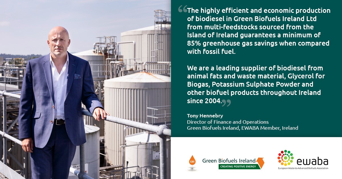Our member <a href="/GreenBiofuelsIE/">Green Biofuels Ireland</a> is a leading supplier of #biodiesel from #sustainable feedstock such as #animalfats in #Ireland. GBI operations, led by <a href="/tonyhennebry/">Tony Hennebry</a>, are at the center of a network of #SMEs working hard to #decarbonise the Irish #transport sector. #EWABAvoices