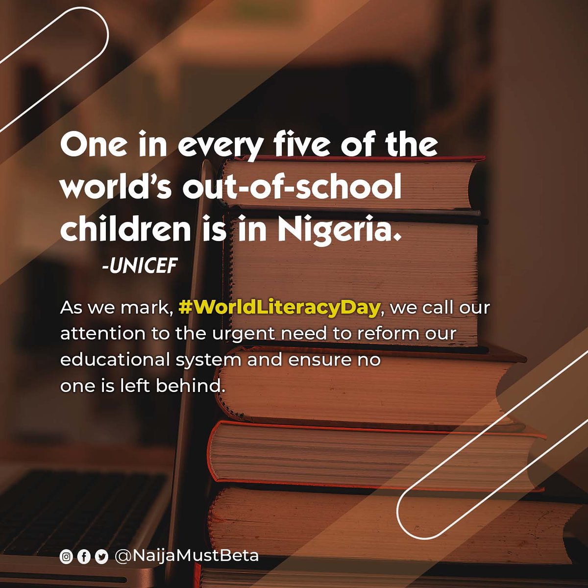 According to <a href="/UNICEF/">UNICEF</a>, 1 in every 5 of the world’s out-of-school children is in Nigeria.

About 10.5 million children are not in school even though primary education is officially free &amp; compulsory. 

Today's #WorldLiteracyDay, we say let's #BuildBackBetter our educational system.