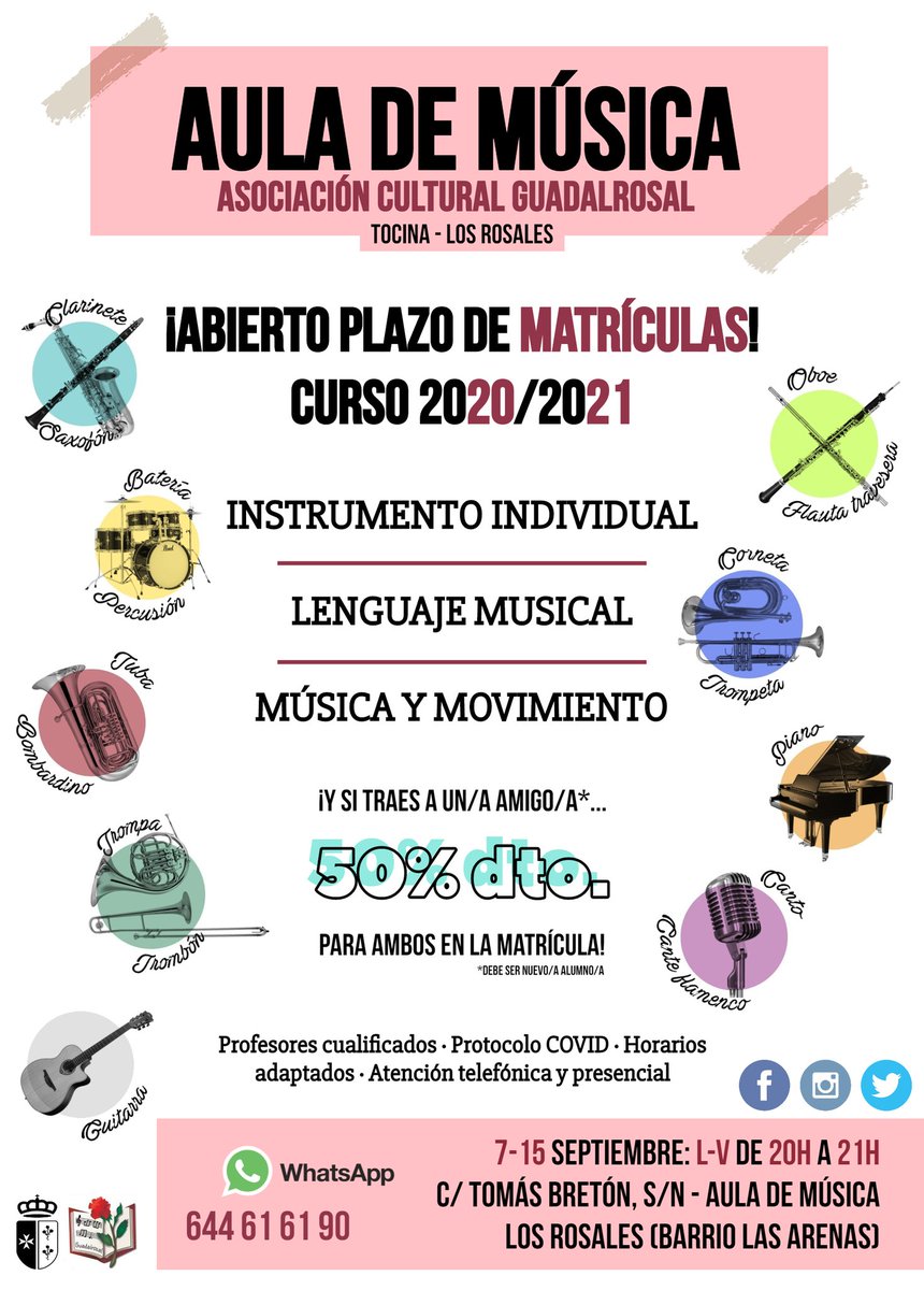 📣 ABIERTO PLAZO DE MATRICULACIONES 2020/2021 AULA DE MÚSICA AC GUADALROSAL

📆 Del 7 al 15 de septiembre, de lunes a viernes, de 20h a 21h.

🏤 C/ Tomás Bretón, s/n (Los Rosales)

📧 Preinscripción online:
forms.gle/EwCF2VwLQr7aHe…