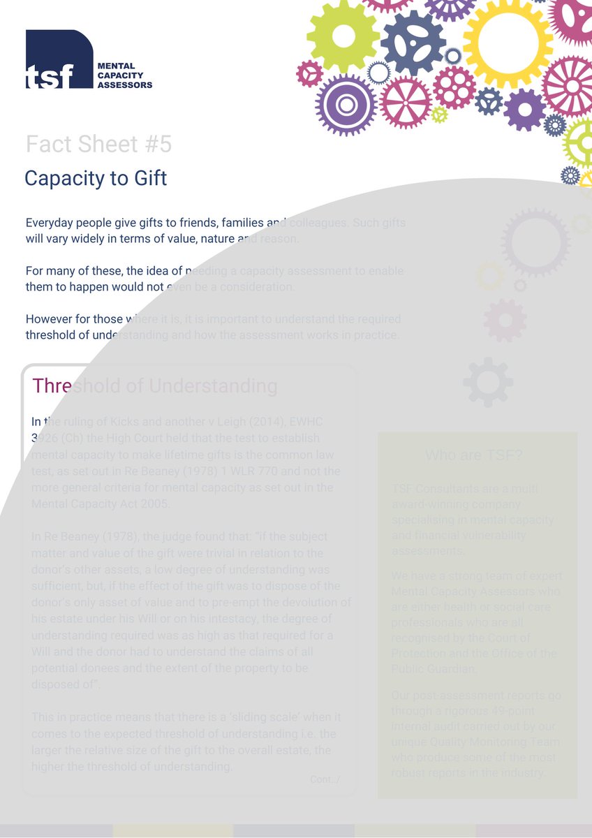 TsfAssessments's tweet photo. Fact Sheet #5 Capacity to Gift.

Our fifth fact sheet, delving a little deeper into what can be an extremely contentious issue. For the full 2-page fact sheet, and to see all the other fact sheets in our series, please subscribe here: https://t.co/mPM3uZ4aSw
#mentalcapacity https://t.co/owaaOjWvzT