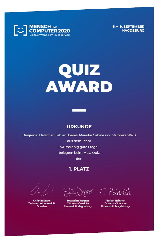 mucConf's tweet photo. We would like to congratulate our #MuC2020 quiz night winners! The team "VARsinnig gute Frage!" with Benjamin Hatscher, Fabian Joeres, Mareike Gabele, and Veronika Weiß made first place! Congratulations! https://t.co/pd2eYIvY9H