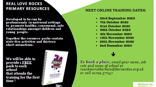 reachoutroth's tweet photo. REAL LOVE ROCKS - TRAIN THE TRAINER (online training) 
For Primary Schools only

New dates now AVAILABLE! 😄

To book your place contact us on 01709 377157 or reachoutrotherham@barnardos.org.uk https://t.co/8GTwz8v5Av
