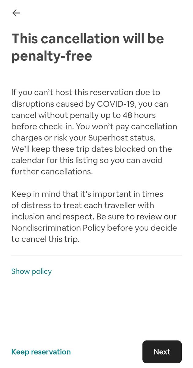So, ever since covid began we had stopped accepting bookings and even if there were some bookings made through 'instant book', we cancelled them and this is the message we would shown at the time of cancellation by airbnb. (2/n)