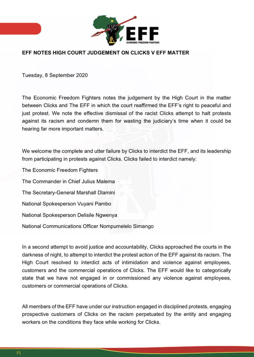 EFFSouthAfrica's tweet photo. EFF Notes High Court Judgement on Clicks V EFF Matter https://t.co/MLUWUNYzAM