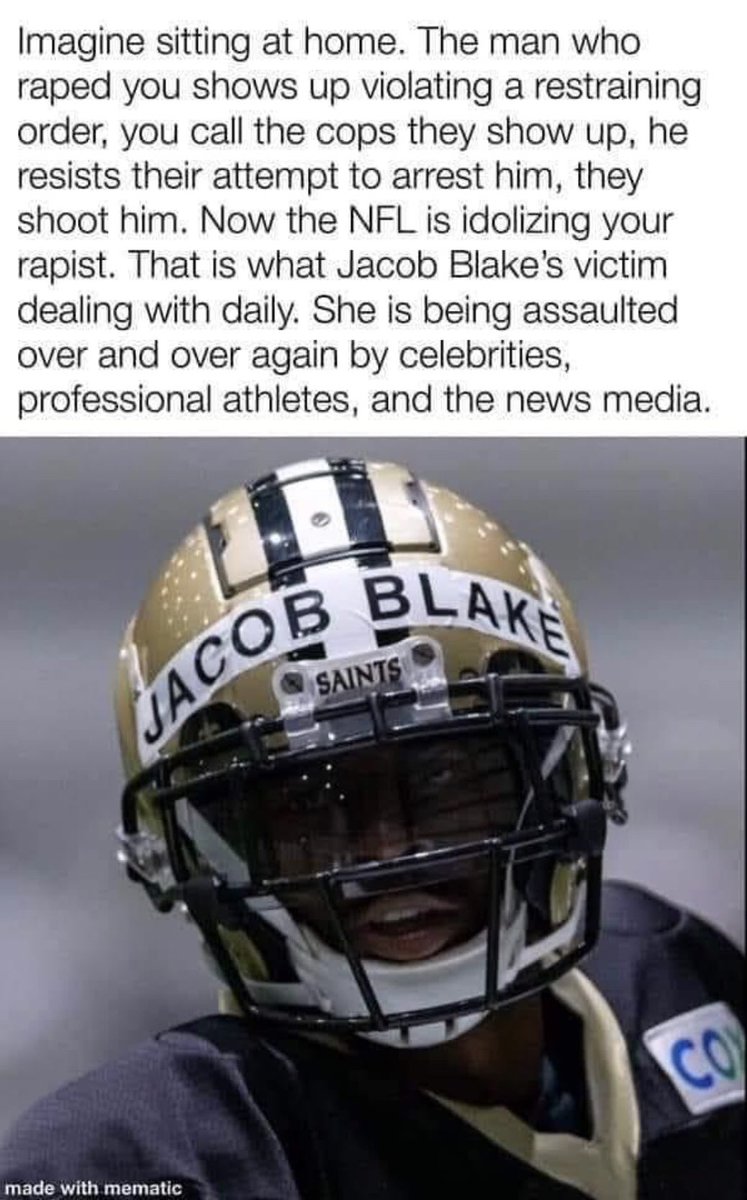 therighttalkusa's tweet image. @Saints Take off the rapists name. That is sick. #JacobBlakeRapist you have no respect for his victim #Rape
@NFL @foxnation #NFL