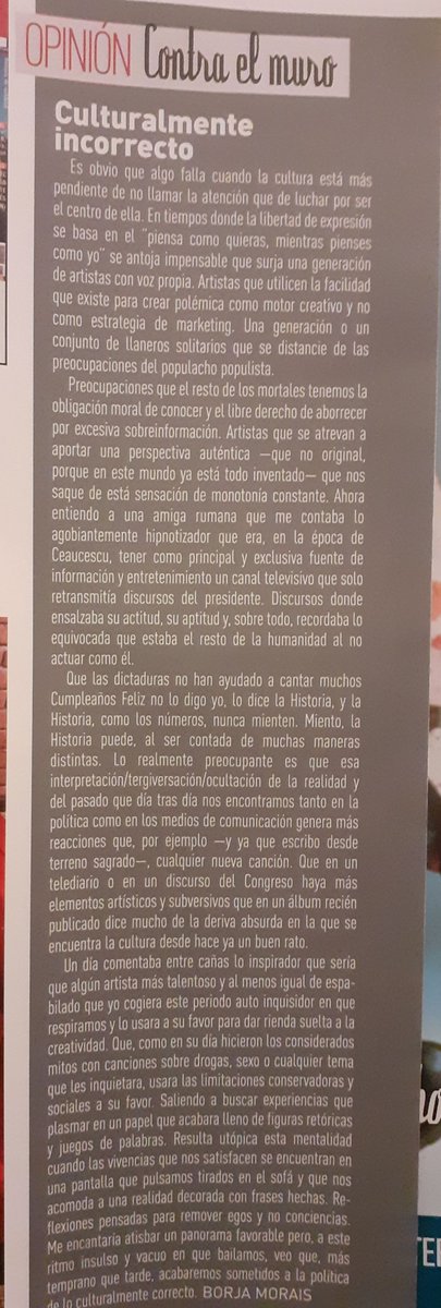 borjamorais's tweet photo. En el número de septiembre de @ruta66mag aparece #ContraElMuro esa columna que ya es mi pequeño refugio. En esta ocasión escribo sobre la política de lo Culturalmente Correcto. https://t.co/gXr2yUETn2