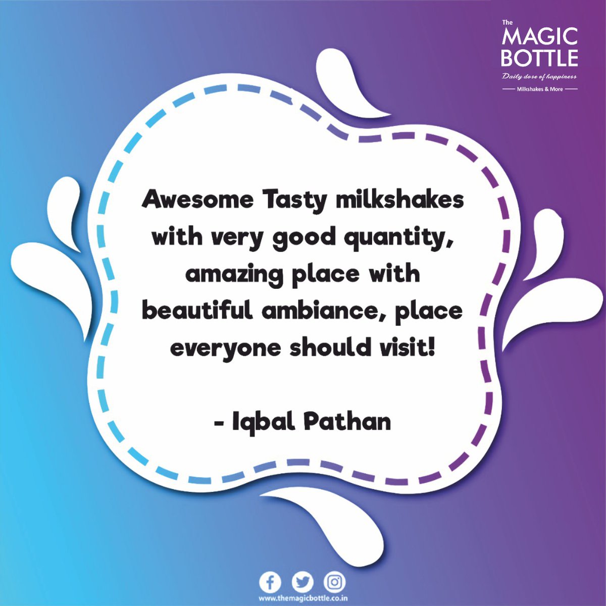 TheMagicBottle1's tweet photo. Appreciation always keeps us motivated and helps us strive to serve better.
Thank you so much Iqbal Pathan for admiring our shakes.

#shakes #milkshakes #sandwich #chocolateshakes #smoothies #burger #fries #snacks
#customerfeedback #appreciation #café #Outlet https://t.co/R7N1YJZopH