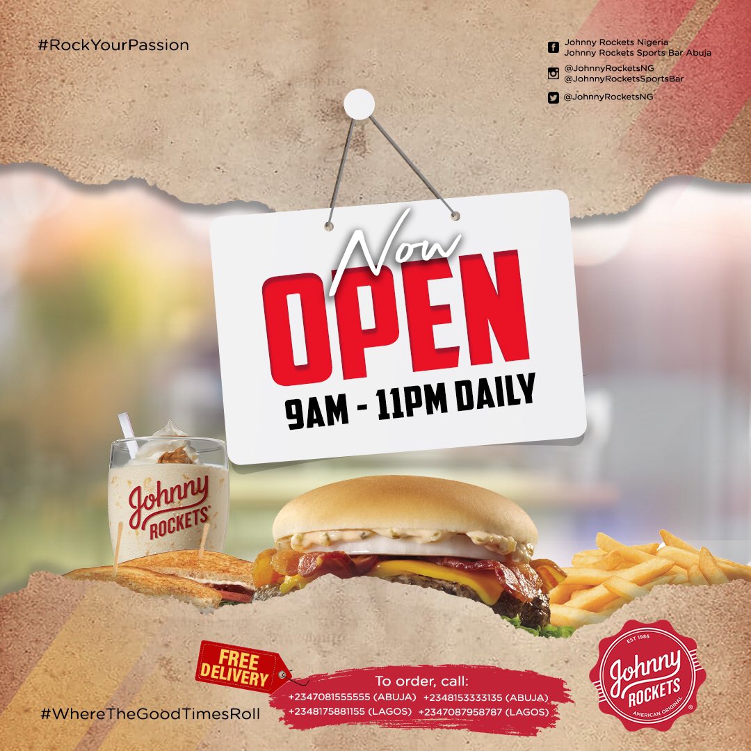JohnnyRocketsng's tweet photo. You can now order or visit our restaurant from 9am to 11pm daily.
Start ordering now!!!!
Call us on;
📍Lagos
+2348175881155
+2347087958787
📍Abuja
+2348153333135,
+2348094501111
#JohnnyRocketsNG #WhereTheGoodTimesRoll #CheatDayEats #BurgerTime🍔 https://t.co/s5zqW6YP5e