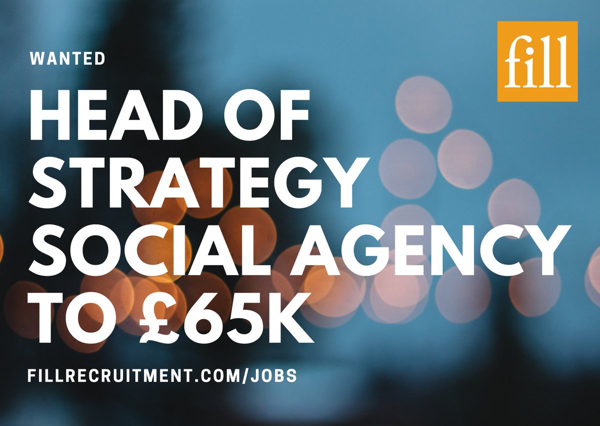 fillrecruitment's tweet photo. Indie #SocialMediaAgency seeks #HeadofStrategy. Huge #FMCG, retail, charity & entertainment clients. Would suit confident #SeniorStrategist looking for leadership role. C London, to £65k. https://t.co/mWmEO1hk41
#marketingjobs #agencyjobs #strategyjobs #socialmediamarketing https://t.co/pSX15hK4kc
