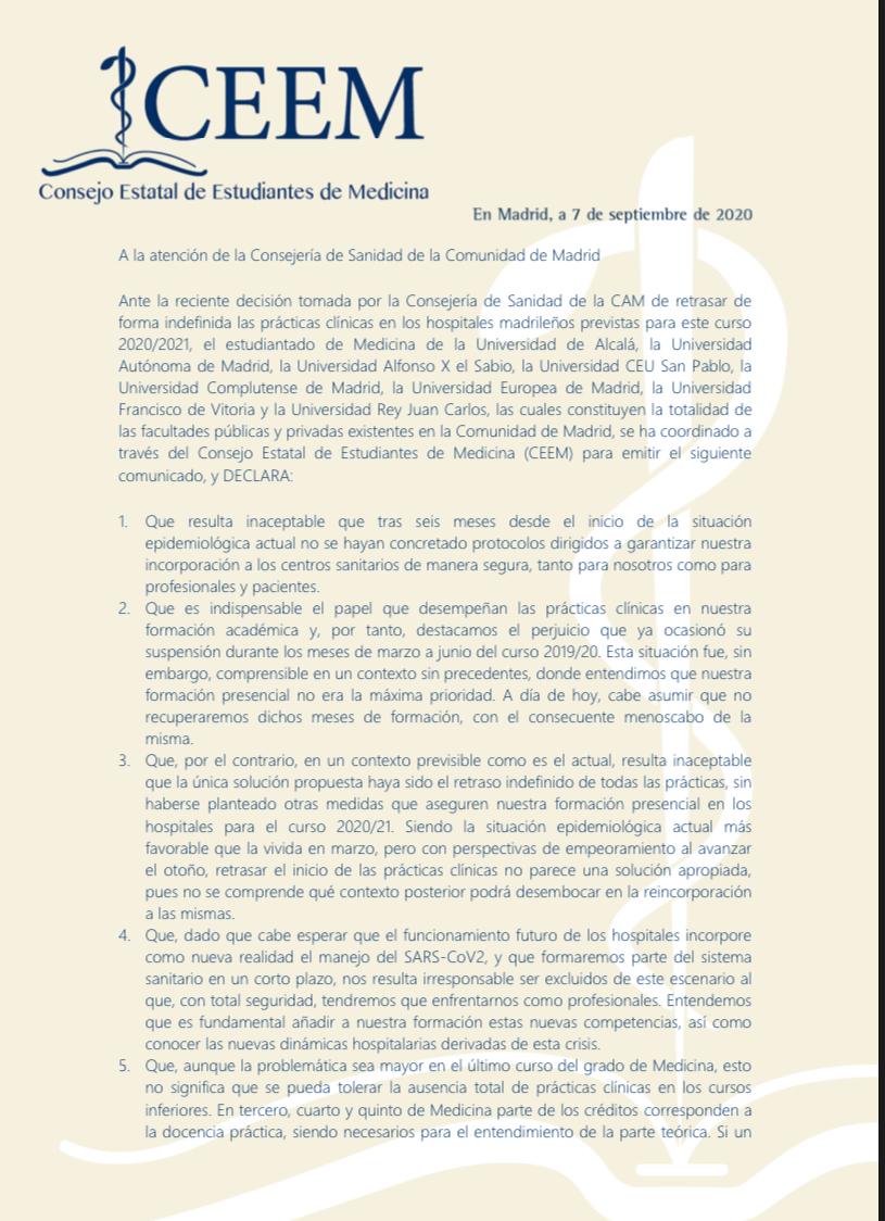 DAFMUCM's tweet photo. #NoSinMisPrácticas 
Esta mañana, todas las delegaciones de las Facultades de Medicina de la Comunidad de Madrid hemos enviado este comunicado a la Consejería de Sanidad para instar a que rectifiquen la decisión de retrasar las prácticas.
@SaludMadrid @ComunidadMadrid https://t.co/x469csWtmr