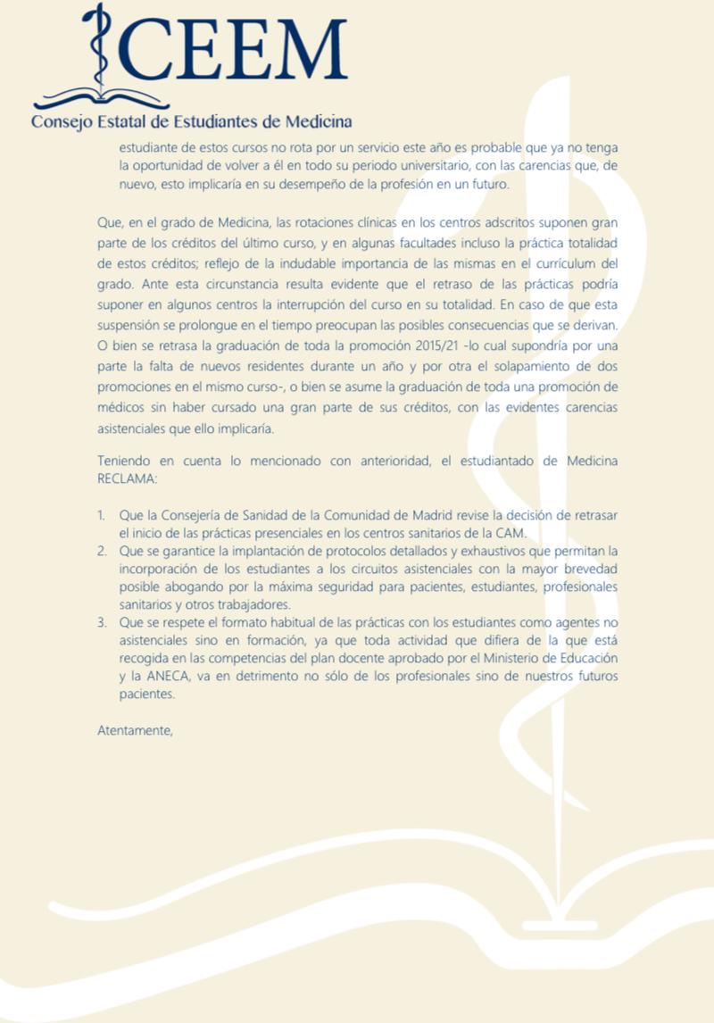 DAFMUCM's tweet photo. #NoSinMisPrácticas 
Esta mañana, todas las delegaciones de las Facultades de Medicina de la Comunidad de Madrid hemos enviado este comunicado a la Consejería de Sanidad para instar a que rectifiquen la decisión de retrasar las prácticas.
@SaludMadrid @ComunidadMadrid https://t.co/x469csWtmr