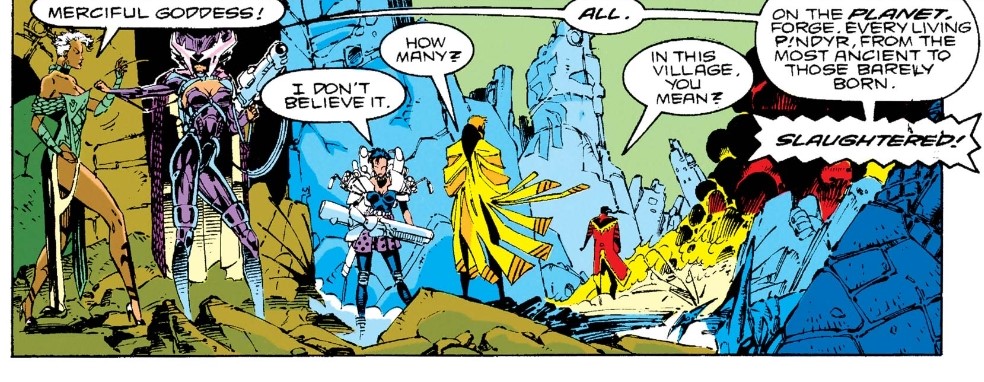 In what is otherwise a frantically-paced arc in which the X-Men travel to deep space to confront their former mentor (Prof X) and put to rights a secret Skrull invasion of the Shi’ar government, Forge has a minor breakdown and must be talked down by Storm. 2/9