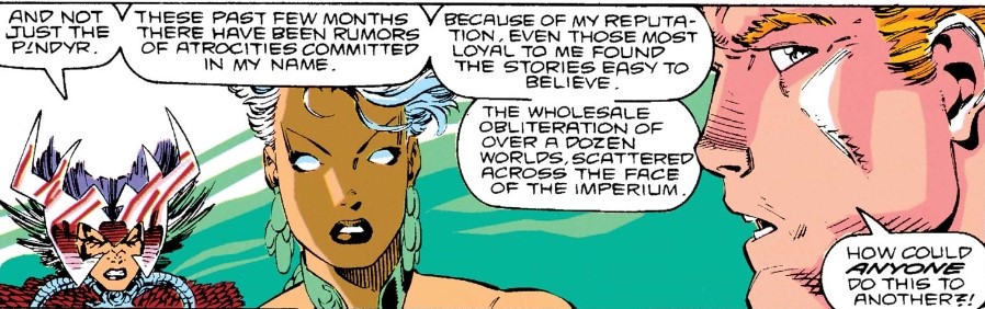 Forge, who is both new to the X-Men and who suffers from PTSD after Vietnam, finds a doll amidst the ruins of an annihilated planet, spurring him to reflect on the universality of civilized beings, both in their shared spirit and in their capacity for utter destruction. 3/9